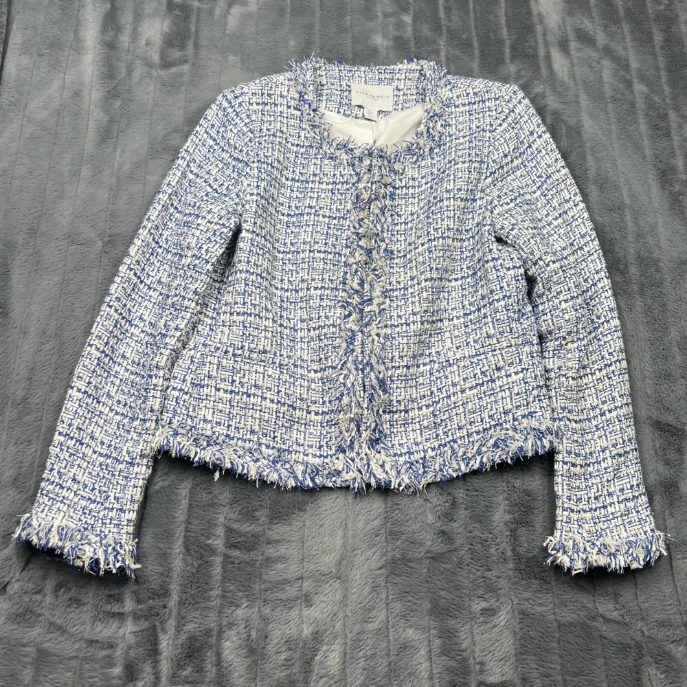 Carolina Belle Montreal Blue White Tweed Fringe Trim Open Front Jacket M 14001